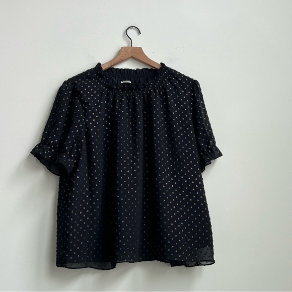 J Crew Womens Ruffleneck top with foil clip dot Black Gold XXL Polkadot Preppy - Picture 2 of 10